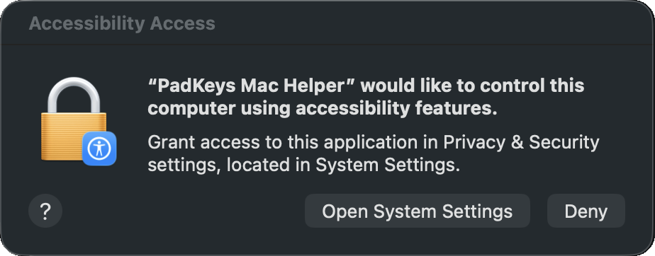 macOS Accessibility permission prompt for PadKeys Mac Helper.