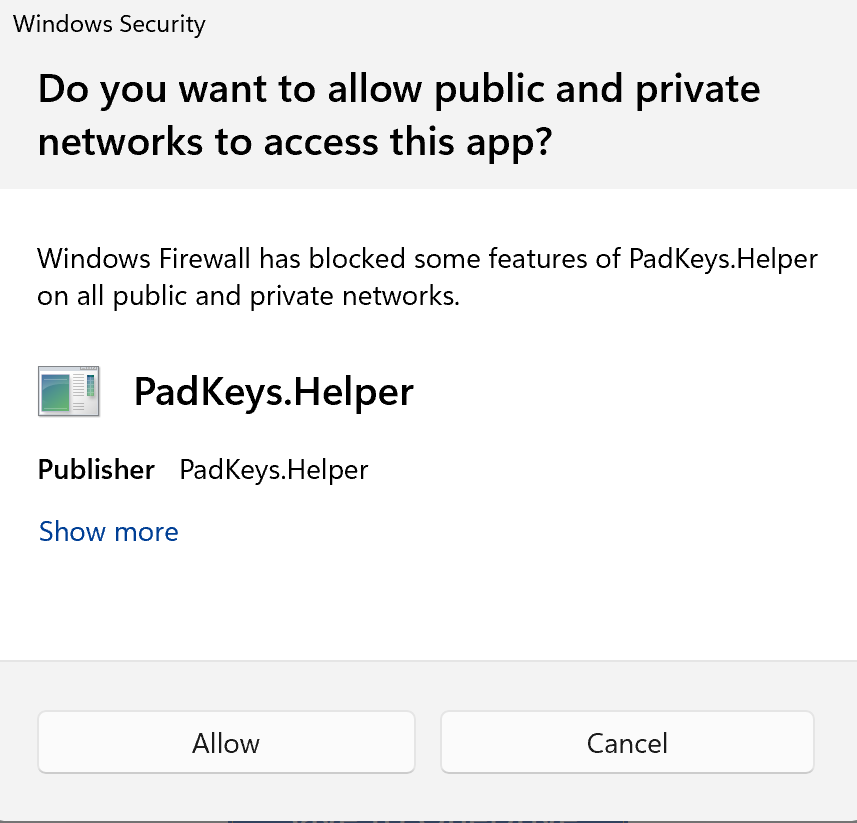 Windows Security Alert for PadKeys Helper private network access.