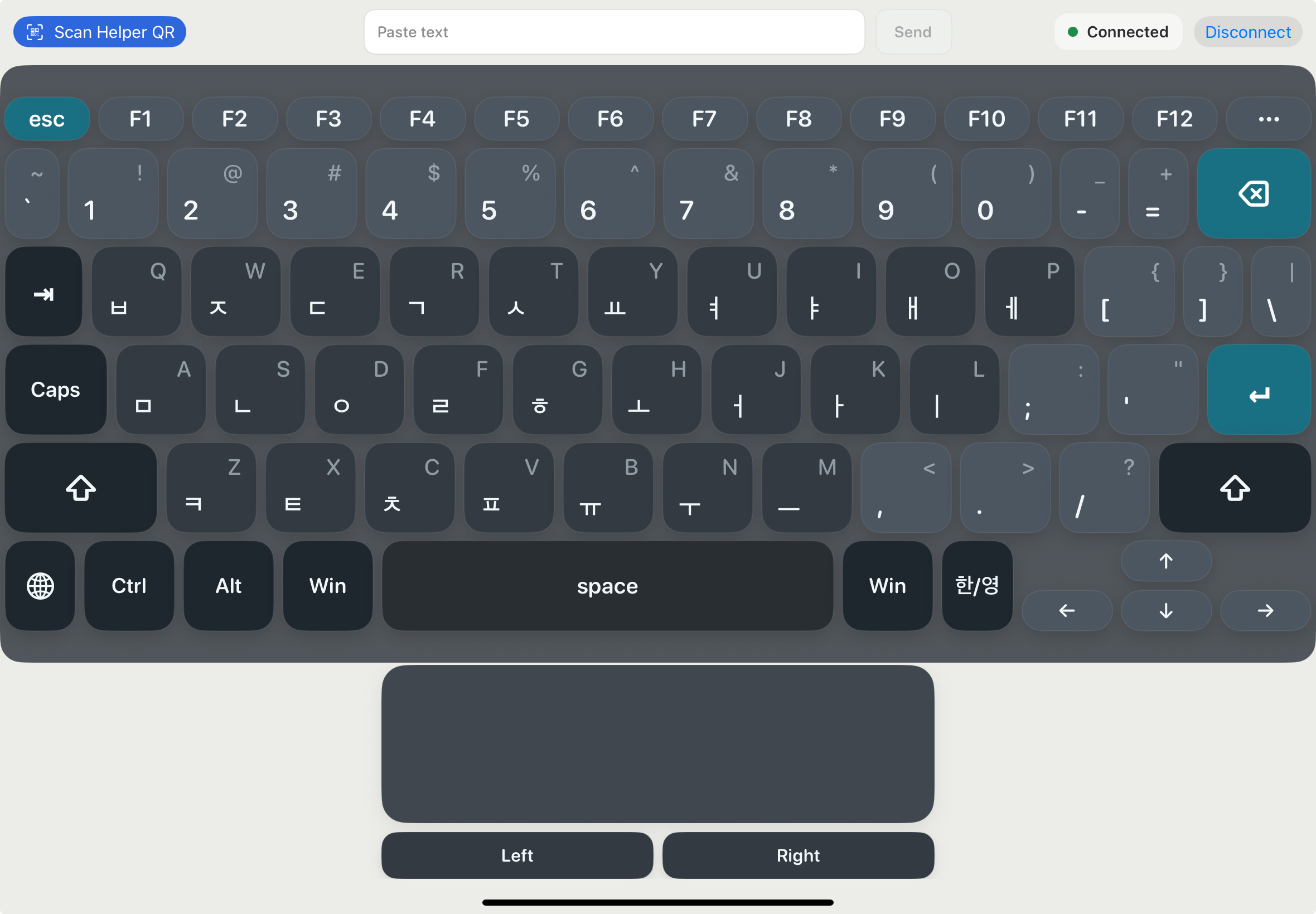 PadKeys connected to a laptop helper, showing a full-screen keyboard and quick trackpad on iPad.